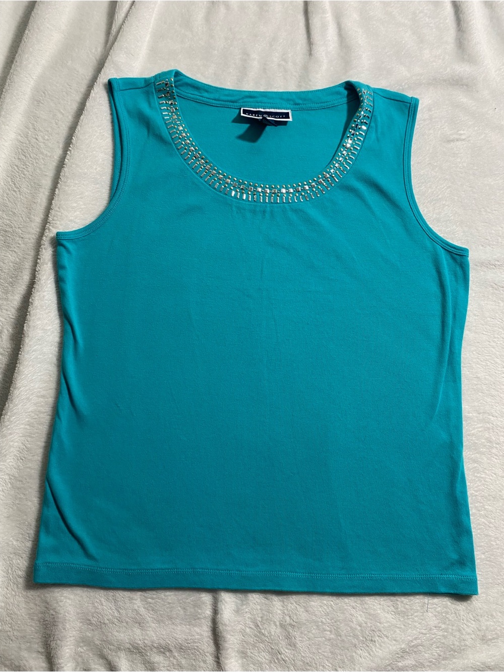 Karen Scott Turquoise Beaded Neck Sleeveless Tank